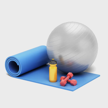 3D render of a blue yoga mat, exercise ball, and water bottle