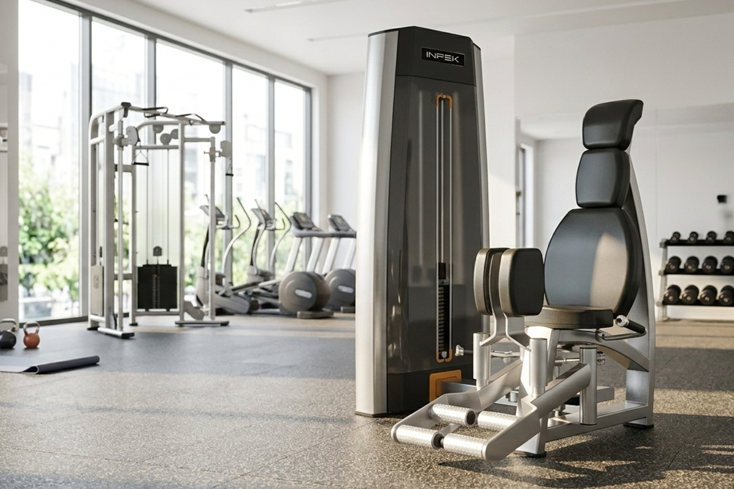 Modern gym interior showing INPEK strength equipment