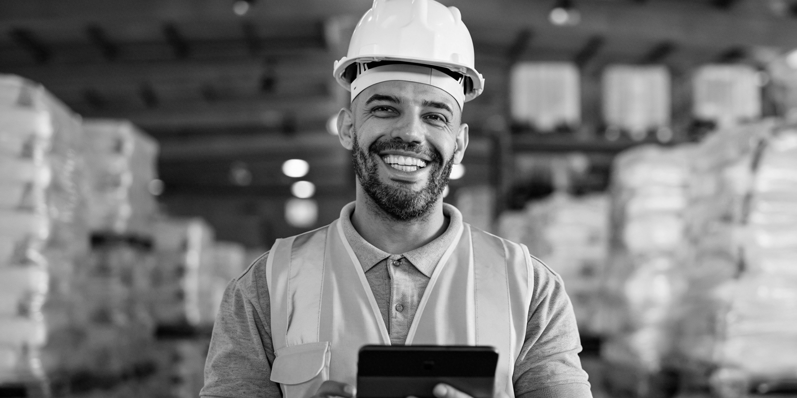 Black and white image of a smiling maintenance worker in a hard hat