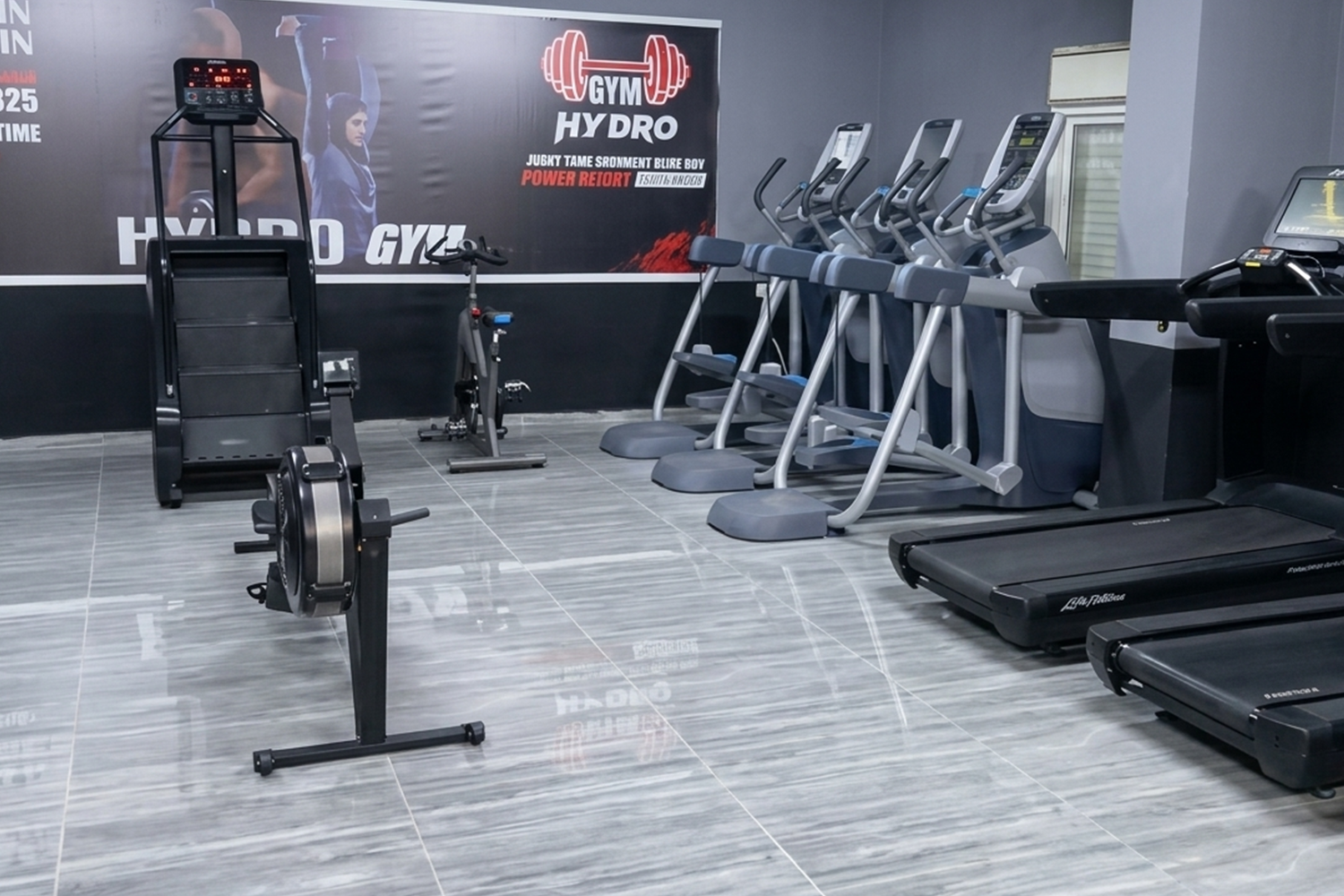 Private studio gym with a rowing machine and other equipment