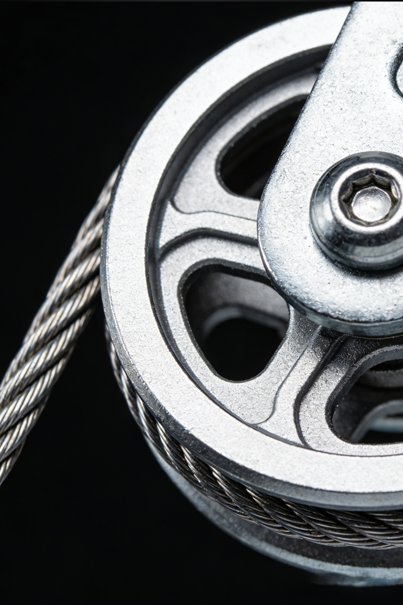 Close up of a shiny metal pulley mechanism with a steel cable