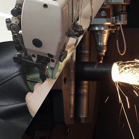 Close up of blue welding sparks on metal tube